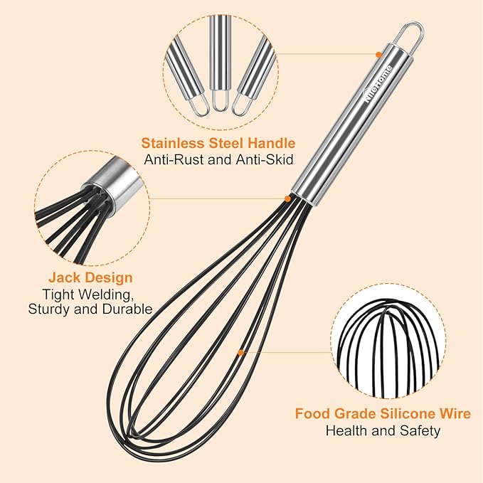 Whisk Stainless Steel whisk & Silicone Non-Stick Coated Small Whisk 8" Kitchen Wisk Wire (Black)
