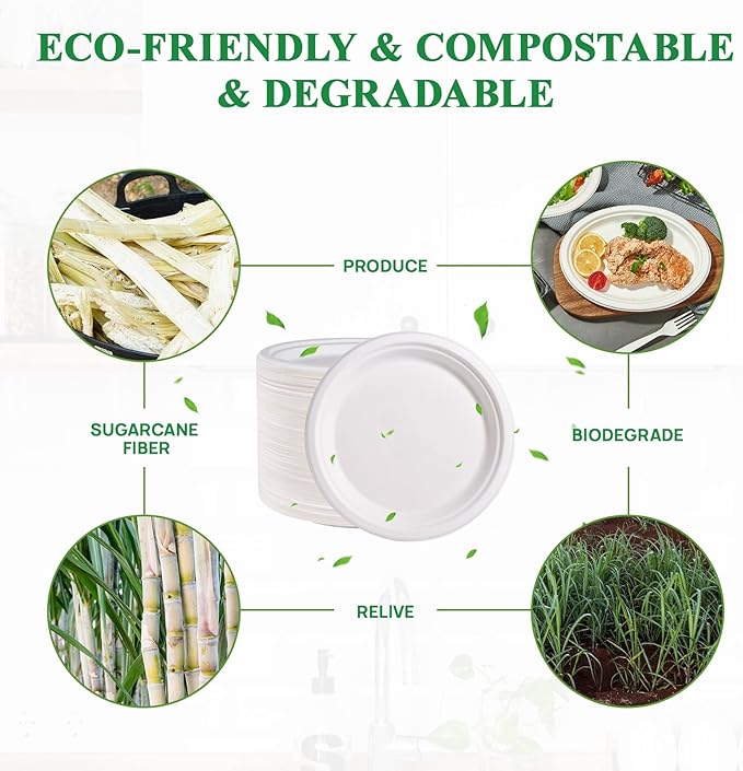 Vplus 150 Pack Paper Plates 9 inch 100% Compostable Plates Heavy-Duty Disposable Paper Plates Bagasse Natural Biodegradable Eco-Friendly Sugarcane Plates (White)