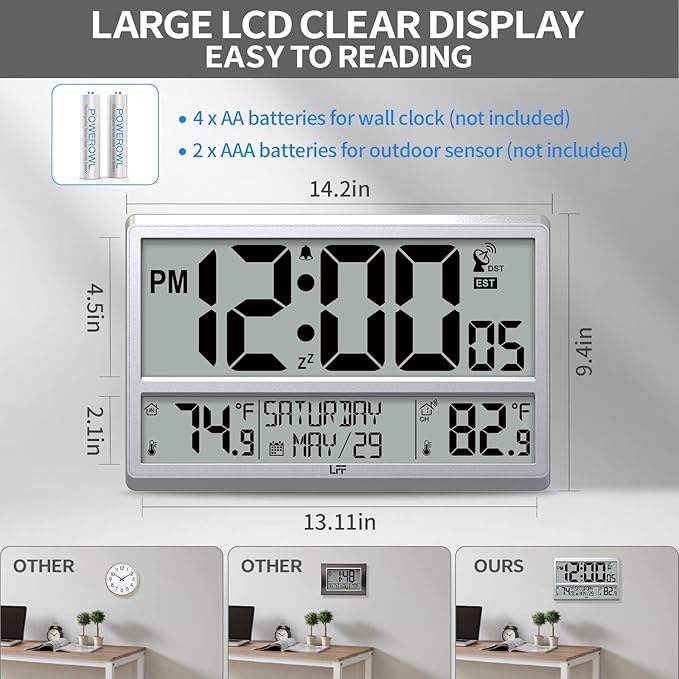 LFF Atomic Clock 4.5" Numbers, Atomic Wall Clock with Indoor & Outdoor Temperature, Never Needs Setting, Battery Operated, Date, Time, Wireless Outdoor Sensor, Jumbo Display Easy to Read