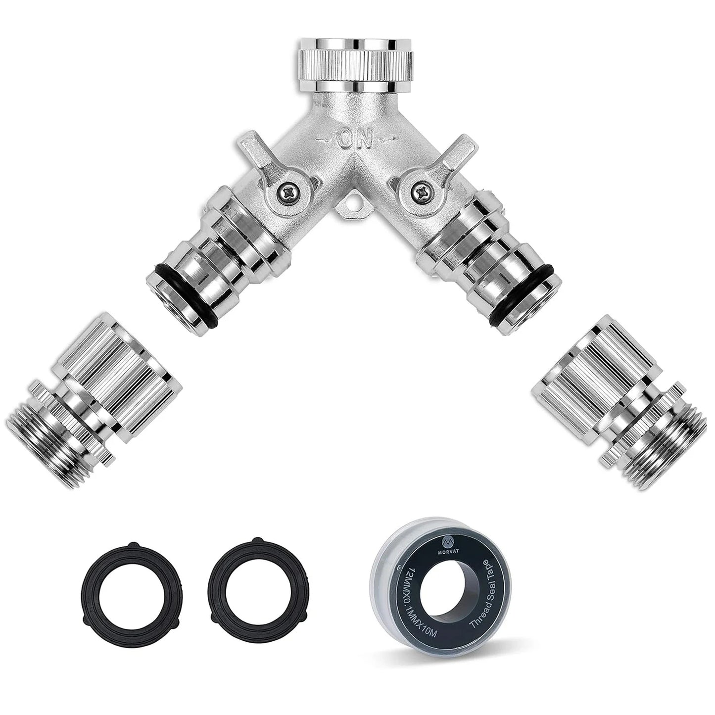 Morvat Nickel Plated Brass Garden Hose 2-Way Splitter & Quick Connect Fittings