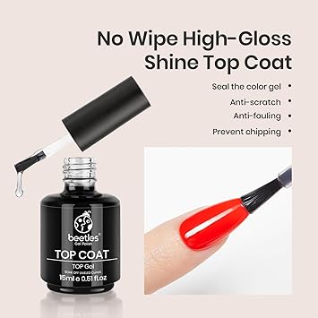 Beetles 2 Pcs 15ml No Wipe Gel Top Coat and Base Coat Set - Shine Finish and Long Lasting, Soak Off LED Nail Lamp Gel Base Top Coat Finish Nail Art Design Manicure Valentines Day Gifts for Women