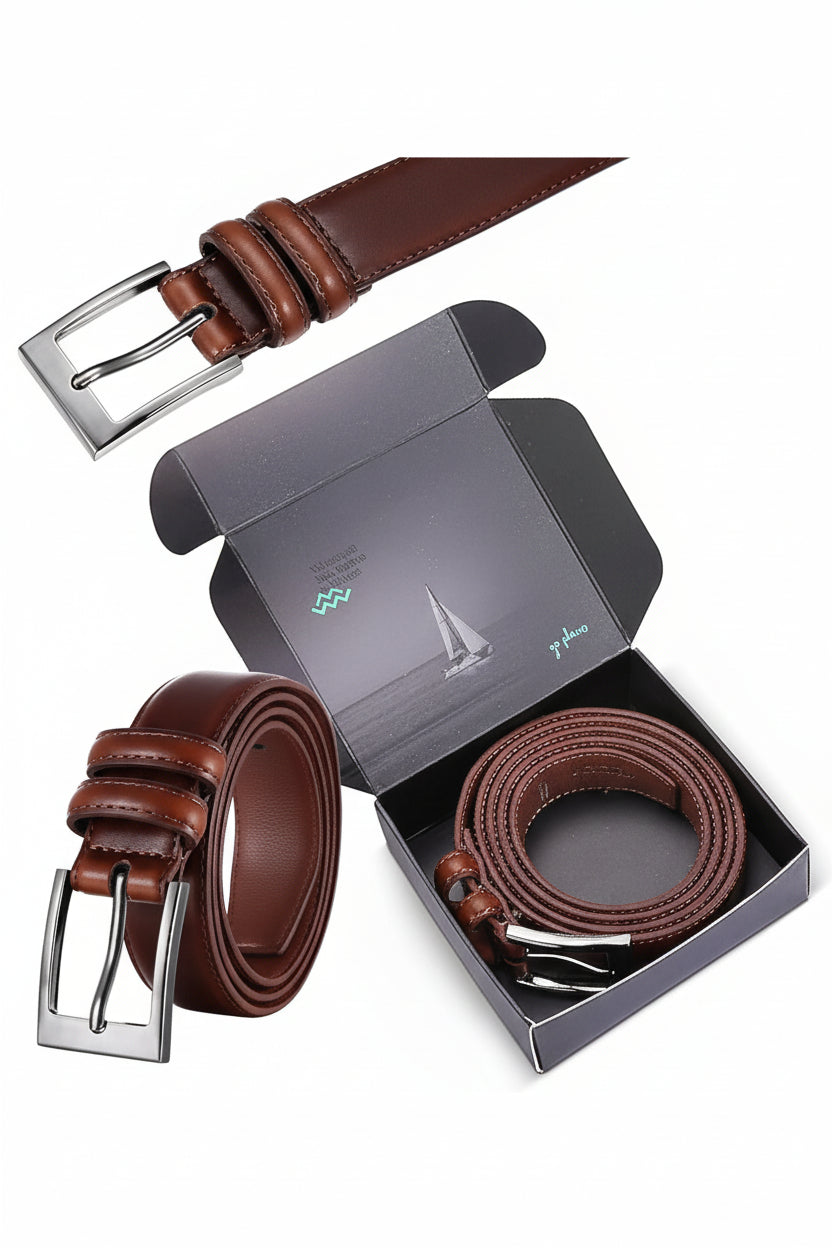 Men Genuine Leather Dress Belt with Single Prong Buckle