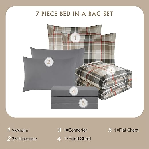 MaiReve Queen Comforter Set, Plaid Design Comforter Set 7 Pieces, All Season Comfortable Bedding Sets Queen, Lightweight, Warm and Breathable (Khaki, Queen, 90"x90")