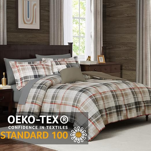 MaiReve Queen Comforter Set, Plaid Design Comforter Set 7 Pieces, All Season Comfortable Bedding Sets Queen, Lightweight, Warm and Breathable (Khaki, Queen, 90"x90")