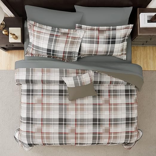 MaiReve Queen Comforter Set, Plaid Design Comforter Set 7 Pieces, All Season Comfortable Bedding Sets Queen, Lightweight, Warm and Breathable (Khaki, Queen, 90"x90")