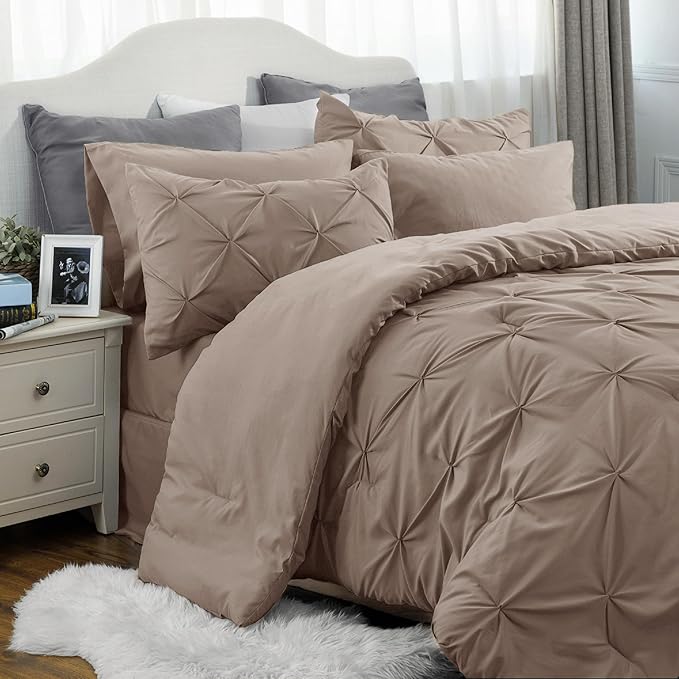 Bedsure Queen Comforter Set Khaki - Bed in a Bag Queen Size 7 Pieces, GentleSoft‚ Pintuck Bed Set Gift for Family, Pinch Pleat Khaki Comforter with Sheets, Pillowcases & Shams