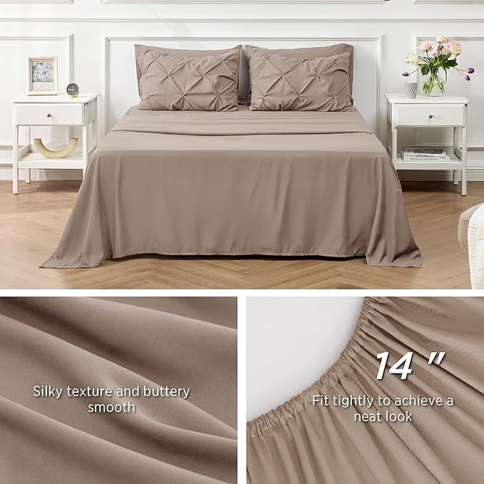 Bedsure Queen Comforter Set Khaki - Bed in a Bag Queen Size 7 Pieces, GentleSoft‚ Pintuck Bed Set Gift for Family, Pinch Pleat Khaki Comforter with Sheets, Pillowcases & Shams