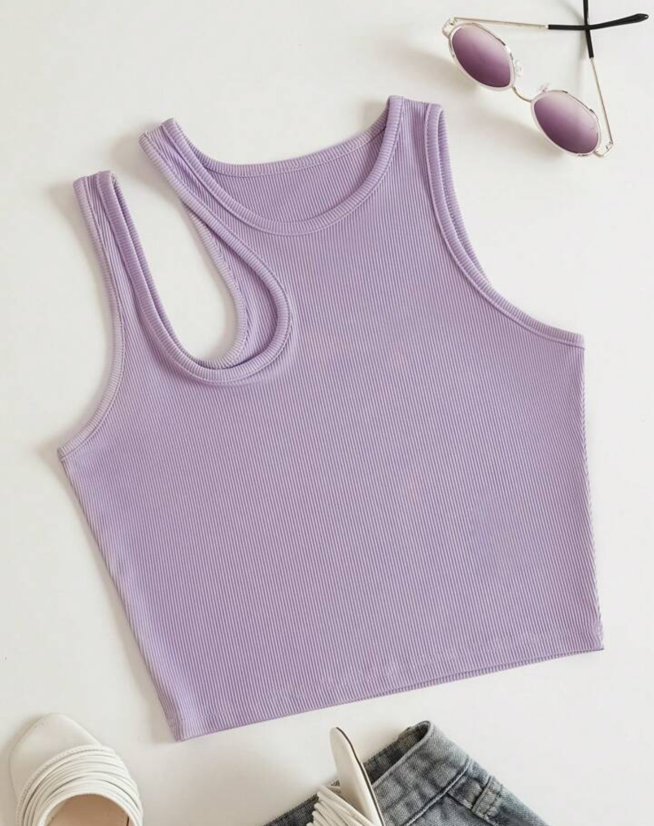 INAWLY solid cut out shoulder ribbed knit tan k top for summer