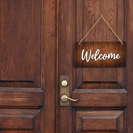 SmartSign Welcome Sign for Front Door Wooden Hanging Decor with Rope, 6" x 12", Handwritten Font, Pre-Drilled Holes, Ideal for Events, Reception, Cafe, Garden, Made in USA