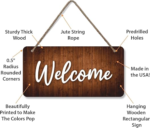 SmartSign Welcome Sign for Front Door Wooden Hanging Decor with Rope, 6" x 12", Handwritten Font, Pre-Drilled Holes, Ideal for Events, Reception, Cafe, Garden, Made in USA