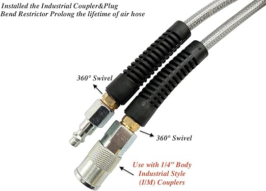 Polyurethane(PU) Air Hose 1/4-Inch x 100ft Reinforced, lightweight Anti-low temperature 300PSI with 1/4 Swivel Industrial Quick Coupler and Plug, Bend Restrictor, Silver Gray(100)