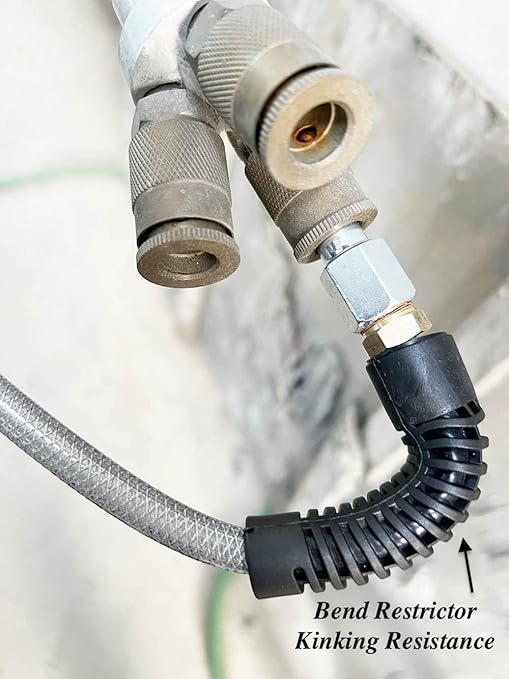 Polyurethane(PU) Air Hose 1/4-Inch x 100ft Reinforced, lightweight Anti-low temperature 300PSI with 1/4 Swivel Industrial Quick Coupler and Plug, Bend Restrictor, Silver Gray(100)