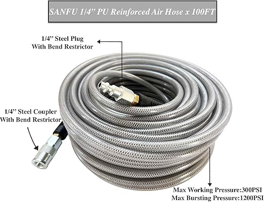 Polyurethane(PU) Air Hose 1/4-Inch x 100ft Reinforced, lightweight Anti-low temperature 300PSI with 1/4 Swivel Industrial Quick Coupler and Plug, Bend Restrictor, Silver Gray(100)