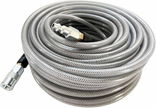 Polyurethane(PU) Air Hose 1/4-Inch x 100ft Reinforced, lightweight Anti-low temperature 300PSI with 1/4 Swivel Industrial Quick Coupler and Plug, Bend Restrictor, Silver Gray(100)