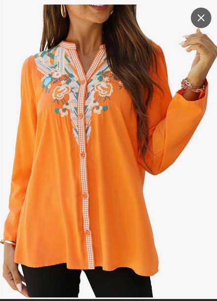 Open-Box Embroidered V-Neck Button Blouse – Sunset Orange