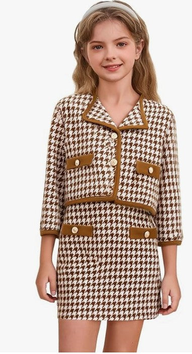 WDIRARA Girls’ 2-Piece Houndstooth Tweed Jacket and Skirt Set