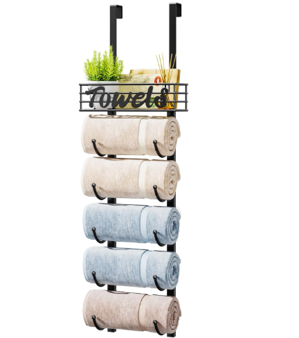 HapiRm Wall Mount Towel Rack - 6 Tier Towel Racks for Bathroom, Wall Mount Towel Holder with Metal Shelf, Rolled Towel Organizer Door Hanging Towel Storage for Small Bathroom - Black
