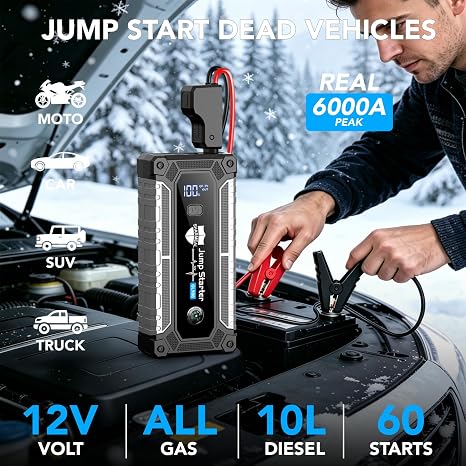Sharmeal Car Battery Jump Starter 6000A, Jump Starter Battery Pack for All Gas and 10.0L Diesel, 12V Portable Jump Box with LED Light