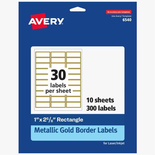 Avery 6540 Permanent Address Labels – 1" Width x 2 5/8" Length – Permanent Adhesive – Rectangle – Inkjet, Laser – Matte – White – Metallic Gold Border – Paper – Permanent Adhesive, Curl Resistant