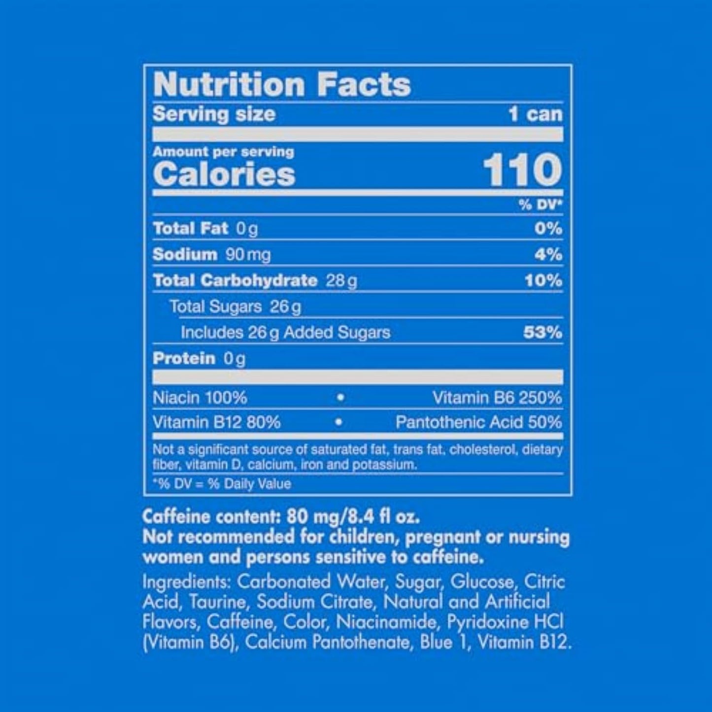 Red Bull Energy Drink, Juneberry, Sea Blue Edition contains caffeine, taurine, B-vitamins, sugar, and water, 8.4 fl oz can