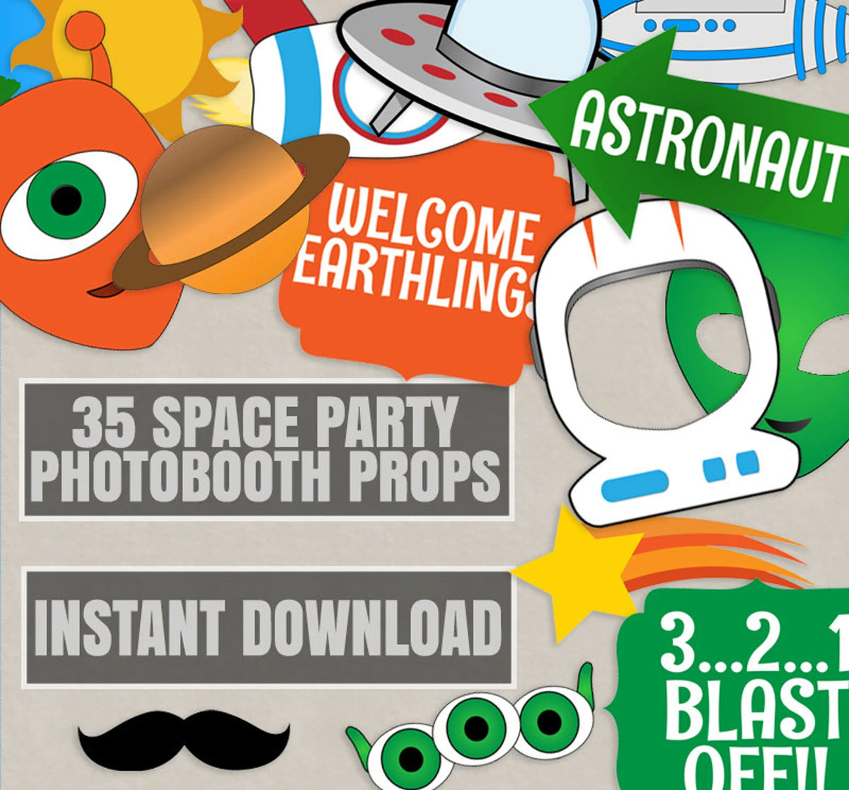 35 Space Party Props, astronaut party diy photo booth props, diy space party alien photobooth props, space party decoration, alien party diy
