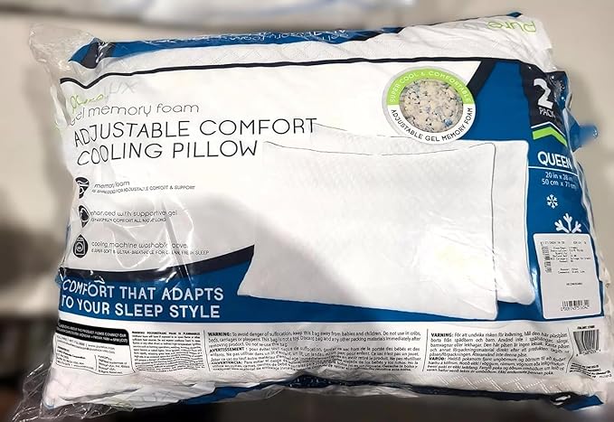 Pure lux Gel Memory Foam Adjustable Cooling Pillow, Queen 2 Pack, 20 x 28 inches