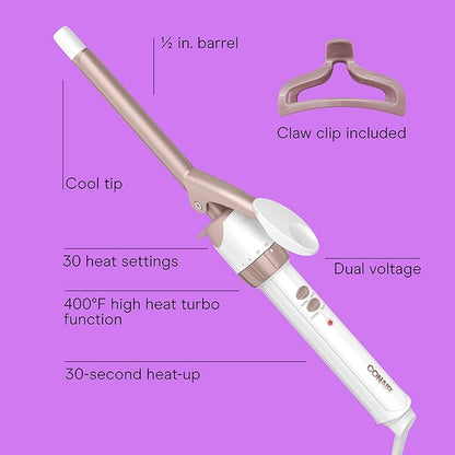 Conair Double Ceramic ½-Inch Curling Iron with Bonus Claw Clip, ½-Inch Barrel Creates Spiral Curls, Hair Curler for Use on Short to Medium Hair, White/Rose Gold