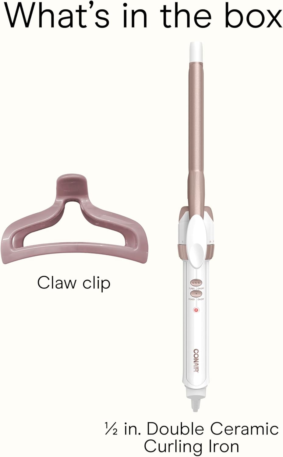 Conair Double Ceramic ½-Inch Curling Iron with Bonus Claw Clip, ½-Inch Barrel Creates Spiral Curls, Hair Curler for Use on Short to Medium Hair, White/Rose Gold