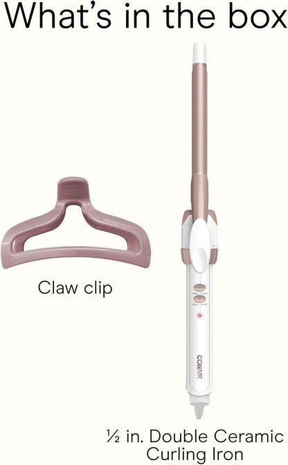 Conair Double Ceramic ½-Inch Curling Iron with Bonus Claw Clip, ½-Inch Barrel Creates Spiral Curls, Hair Curler for Use on Short to Medium Hair, White/Rose Gold