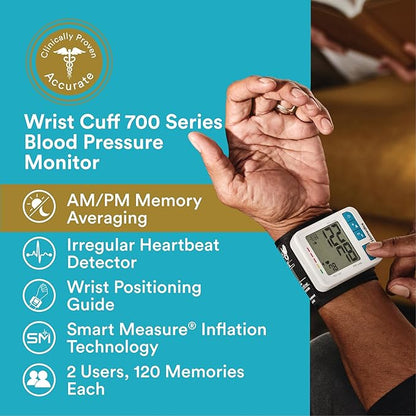 Homedics 700 Series Wrist Cuff Blood Pressure Monitor for Home Use, One-Touch Operation, Accurate Results, 2 Users, with Bluetooth Wireless Technology to The Homedics Health App (Smart)