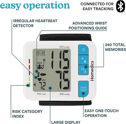 Homedics 700 Series Wrist Cuff Blood Pressure Monitor for Home Use, One-Touch Operation, Accurate Results, 2 Users, with Bluetooth Wireless Technology to The Homedics Health App (Smart)