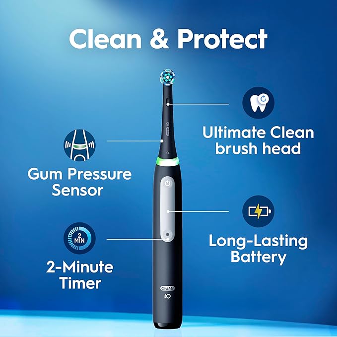 Oral-B Rechargeable Electric Toothbrush, iO3 Limited Deep Clean, 3 Cleaning Modes, Visual Pressure Sensor to Protect Gums, 2 Brush Heads, Travel Case, Black