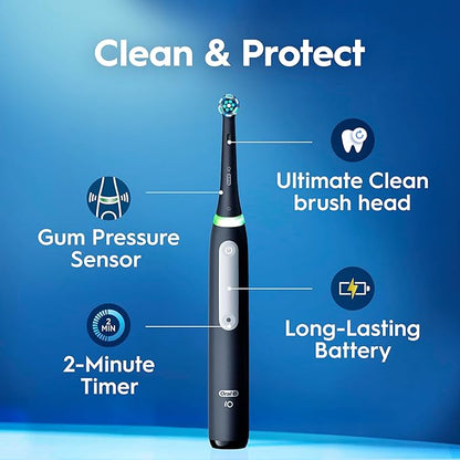 Oral-B Rechargeable Electric Toothbrush, iO3 Limited Deep Clean, 3 Cleaning Modes, Visual Pressure Sensor to Protect Gums, 2 Brush Heads, Travel Case, Black
