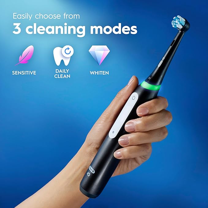 Oral-B Rechargeable Electric Toothbrush, iO3 Limited Deep Clean, 3 Cleaning Modes, Visual Pressure Sensor to Protect Gums, 2 Brush Heads, Travel Case, Black