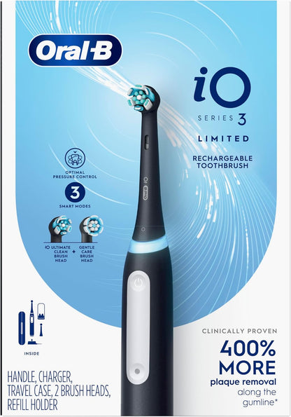 Oral-B Rechargeable Electric Toothbrush, iO3 Limited Deep Clean, 3 Cleaning Modes, Visual Pressure Sensor to Protect Gums, 2 Brush Heads, Travel Case, Black