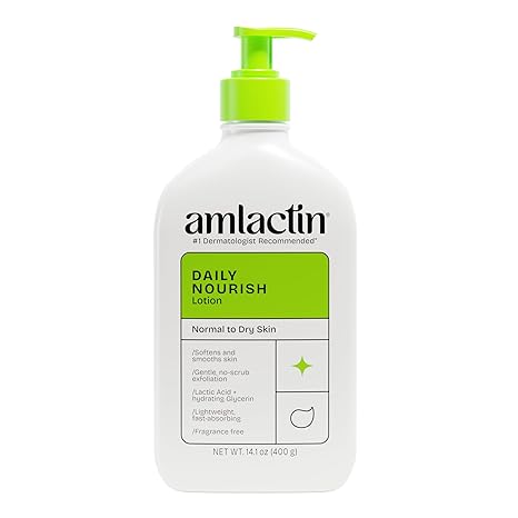 AmLactin Daily Nourish Therapeutic Body Lotion for Dry Skin - No-Scrub Exfoliator and Moisturizer 12% Lactic Acid Lotion, 14.1 oz (Packaging May Vary)