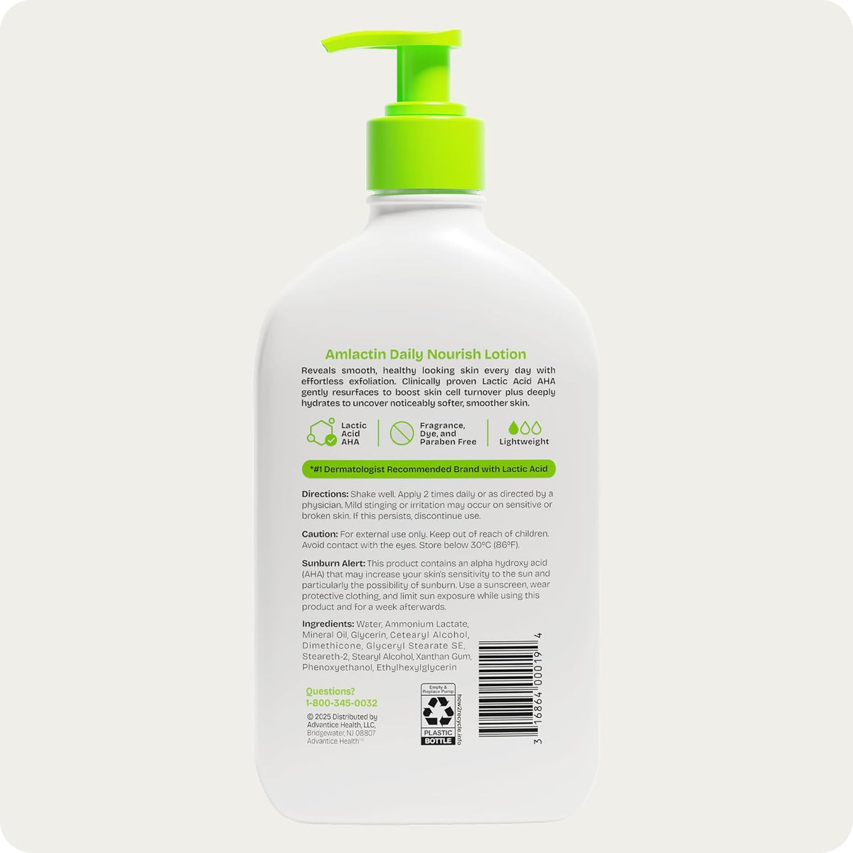 AmLactin Daily Nourish Therapeutic Body Lotion for Dry Skin - No-Scrub Exfoliator and Moisturizer 12% Lactic Acid Lotion, 14.1 oz (Packaging May Vary)