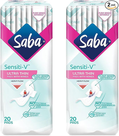 SABA Sensiti-V Ultrathin Pads for Sensitive Skin, Regular Flow, 2-Pack of 20 Pads (40 Count)