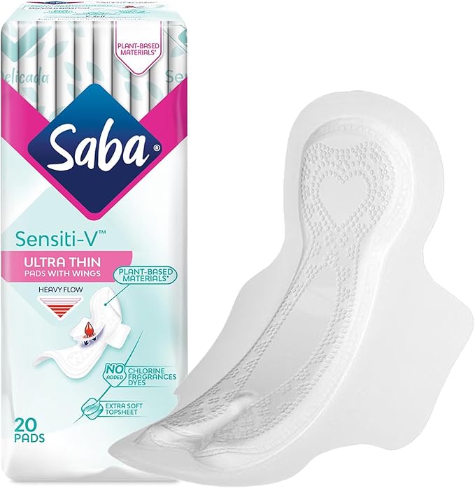 SABA Sensiti-V Ultrathin Pads for Sensitive Skin, Regular Flow, 2-Pack of 20 Pads (40 Count)