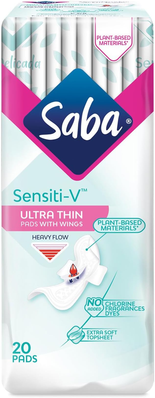 SABA Sensiti-V Ultrathin Pads for Sensitive Skin, Regular Flow, 2-Pack of 20 Pads (40 Count)