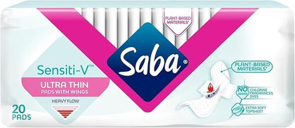 SABA Sensiti-V Ultrathin Pads for Sensitive Skin, Regular Flow, 2-Pack of 20 Pads (40 Count)