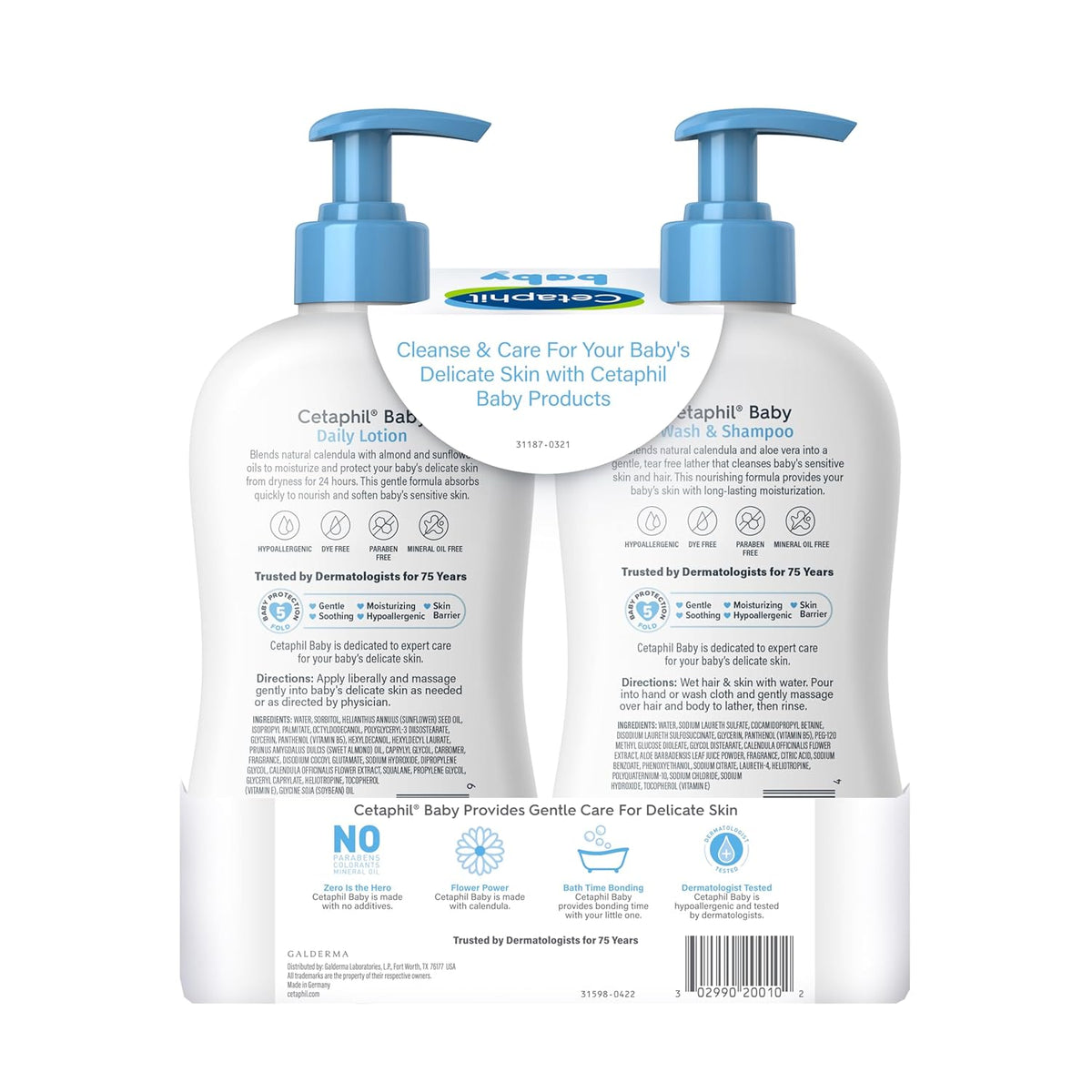 Cetaphil Baby Wash & Shampoo Plus Body Lotion, Healthy Skin Essentials, Head to Toe Hydration for up to 24 Hours, for Delicate, Sensitive Skin, 2-Pack,White