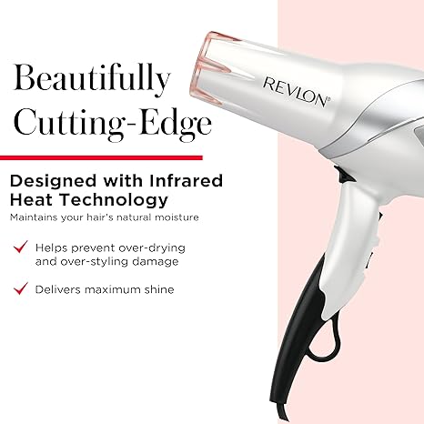 REVLON Infrared Hair Dryer with Diffuser & Concentrator - Ionic Ceramic Blow Dryer for Frizz Control, Shine, Soft Hair & Moisture Protection - 1875W Professional Salon-Quality (White)