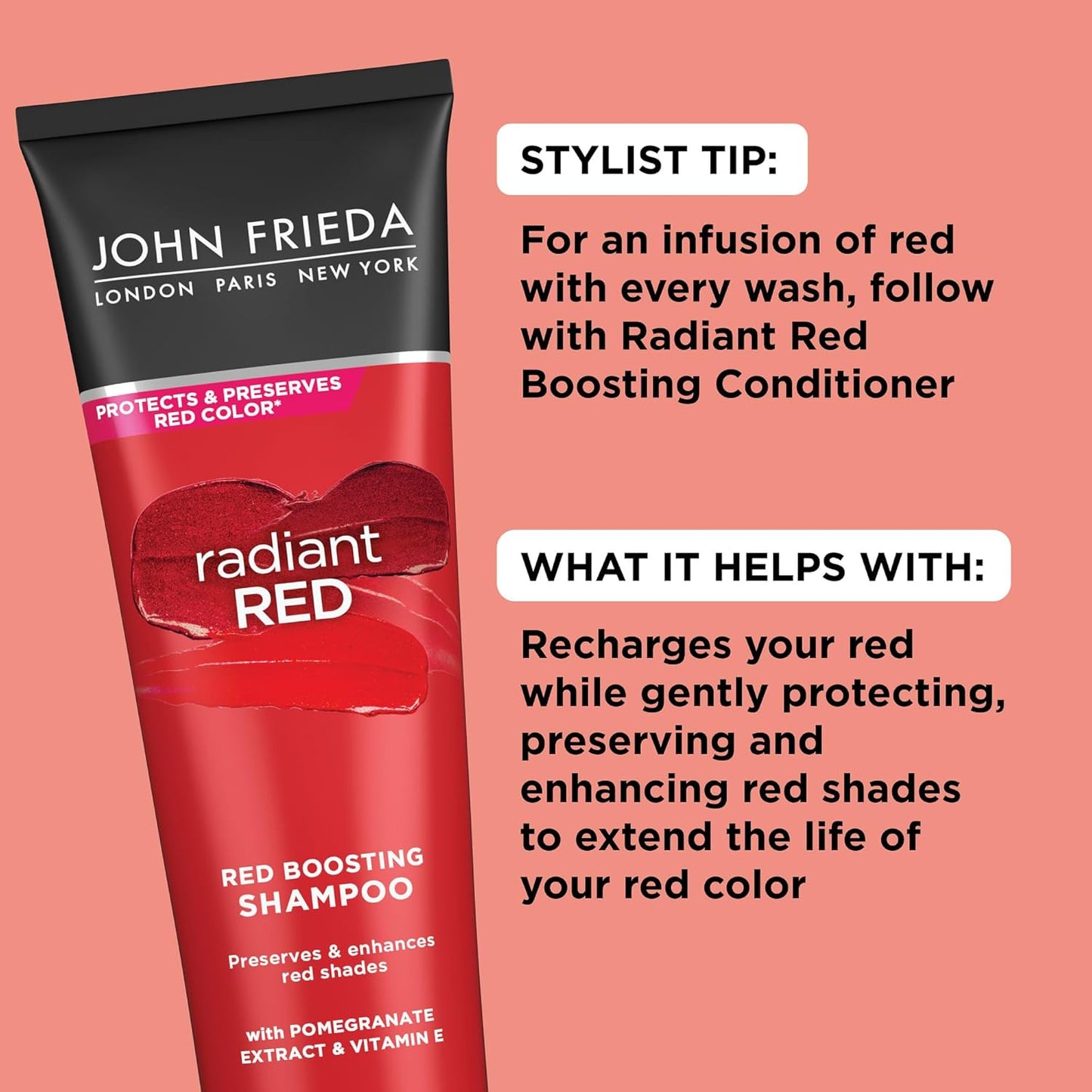 John Frieda Radiant Red, Red Boosting Shampoo, Enhances and Protects Red Tones with Pomegranate Extract and Vitamin E for Natural or Color-Treated Red Hair, 8.3 Oz