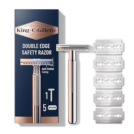 King C. Gillette Safety Razor with Chrome Plated Handle and 5 Platinum Coated Double Edge Safety Razor Blade Refills, Holiday Gifts for Men