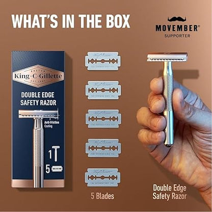 King C. Gillette Safety Razor with Chrome Plated Handle and 5 Platinum Coated Double Edge Safety Razor Blade Refills, Holiday Gifts for Men