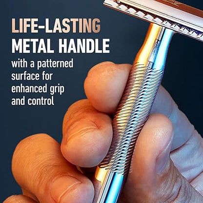 King C. Gillette Safety Razor with Chrome Plated Handle and 5 Platinum Coated Double Edge Safety Razor Blade Refills, Holiday Gifts for Men
