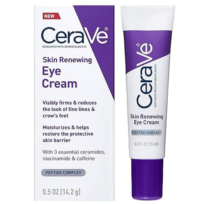 CeraVe Skin Renewing Eye Cream For Wrinkles, Under Eye Cream With Peptides + Caffeine + Niacinamide, For Wrinkles & Crows Feet, Paraben Free & Opthalmologist Tested 0.5 fl oz. (15ml)
