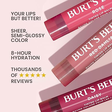 Burt’s Bees Tinted Lip Balm Value Pack Includes 3 Lip Balms: Red Dahlia, Daisy and Rose; 8 Hour Moisture; Provides a Hint of Color; Nourishing Shea Butter; 100% Natural Origin; 3 Tubes; 3x0.15 Oz.