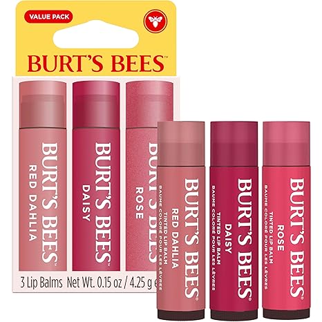 Burt’s Bees Tinted Lip Balm Value Pack Includes 3 Lip Balms: Red Dahlia, Daisy and Rose; 8 Hour Moisture; Provides a Hint of Color; Nourishing Shea Butter; 100% Natural Origin; 3 Tubes; 3x0.15 Oz.